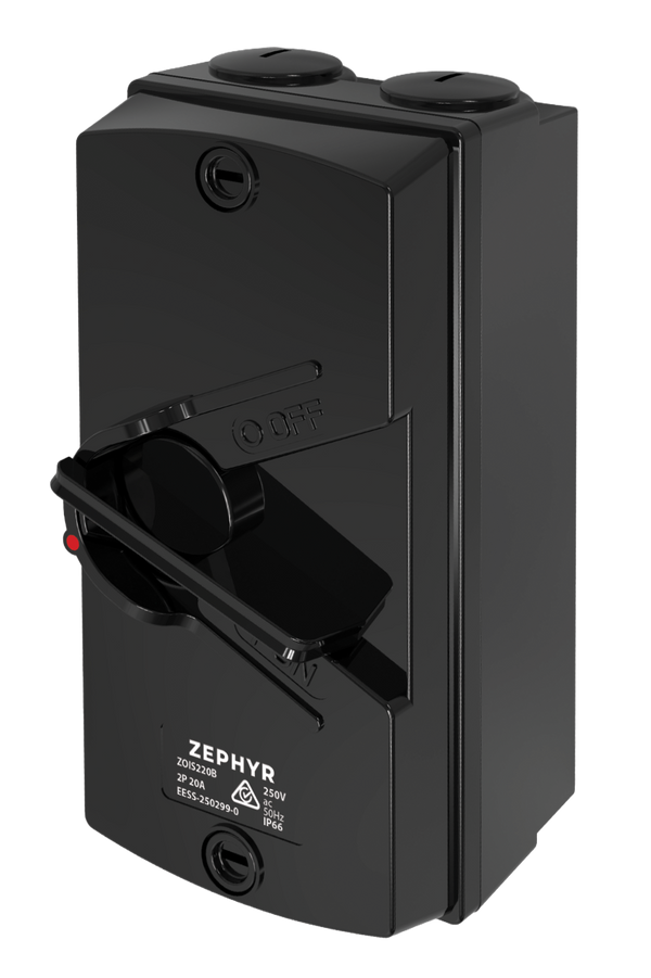 Zephyr Isolator Switch Black - 20A 2P 250V