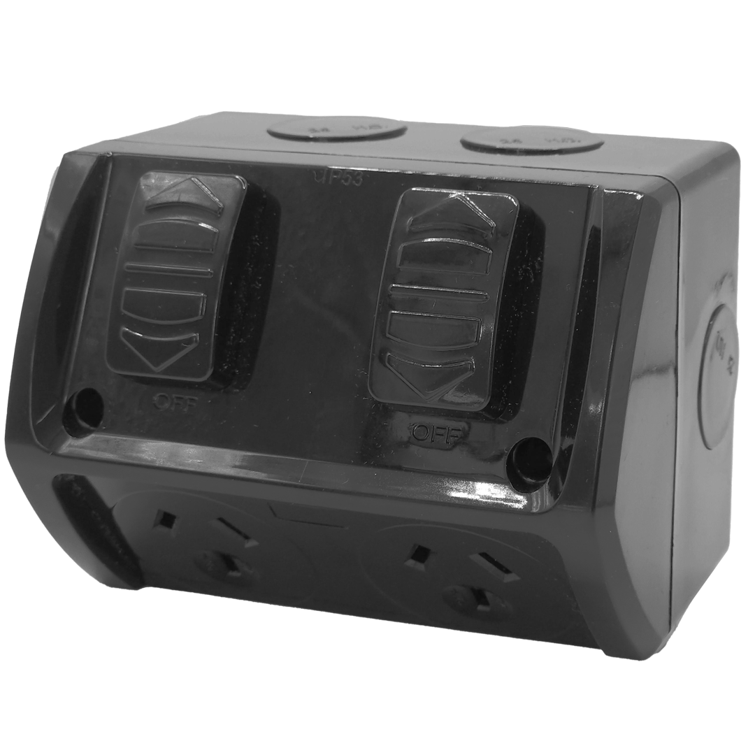 Zephyr Outdoor Power Point Double 15amp Black IP53
